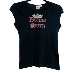 LEMON - Girl's Rhinestone Embellished "Drama Queen" Black Shirt - Size: 16